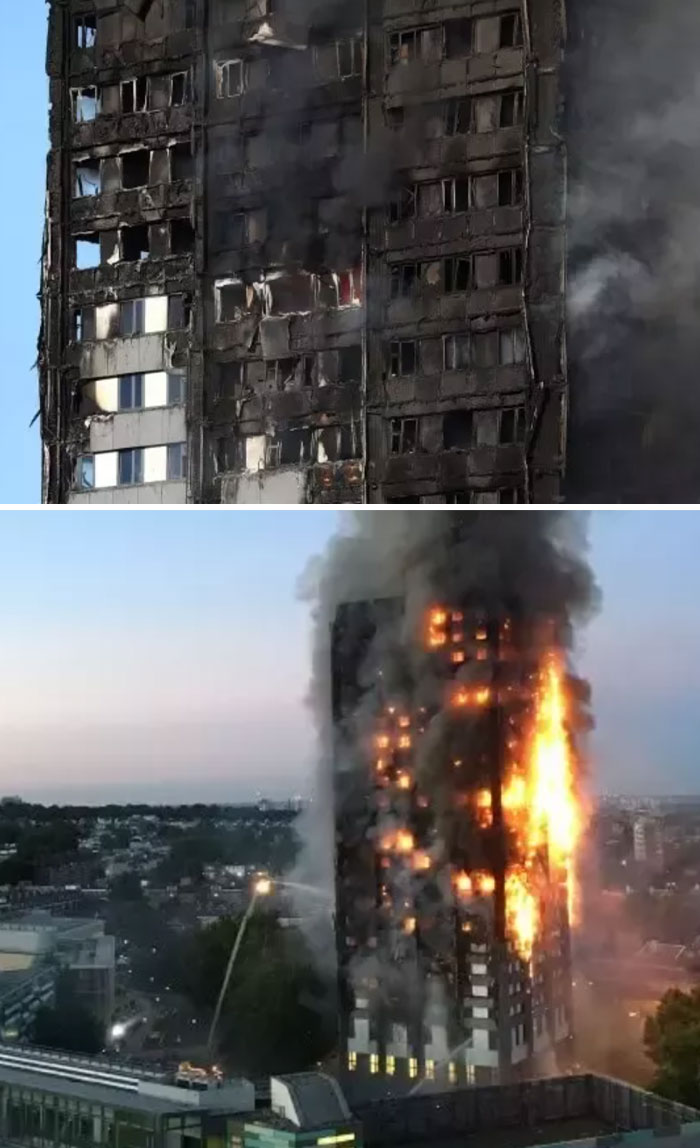 Creepy photo of high-rise building charred by fire and still smoldering