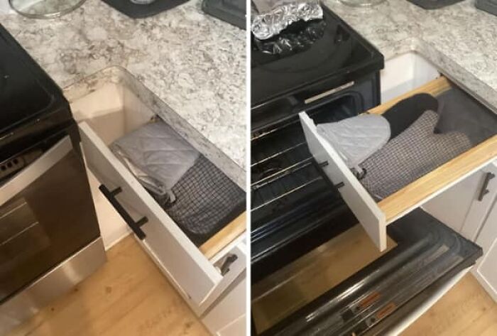 A kitchen drawer that opens into the oven door, preventing both from being used simultaneously, an architecture and design fail.