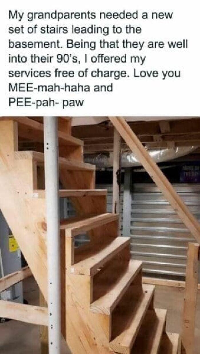 A set of roughly constructed wooden stairs leading to a basement, a clear example of design fails.