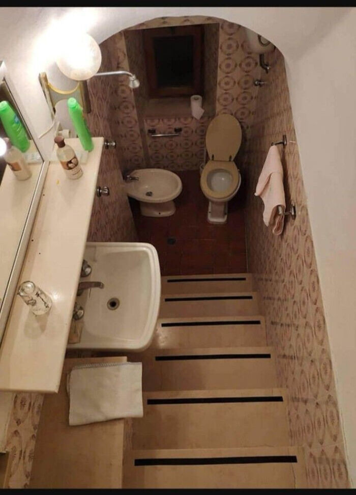 An architecture fail showing a bathroom with a toilet and bidet at the top of a short set of stairs.