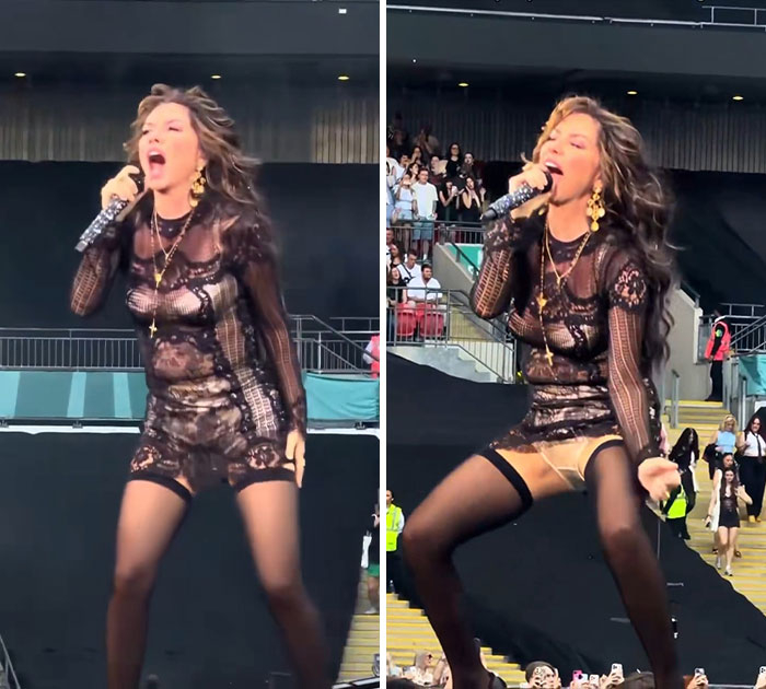 Split image of Shania Twain in a sheer black lace outfit on stage, performing dance moves. Shania Twain compared to Madonna.