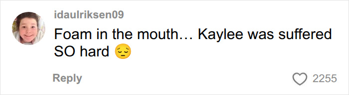 Social media comment mentioning foam in mouth and Kaylee's suffering