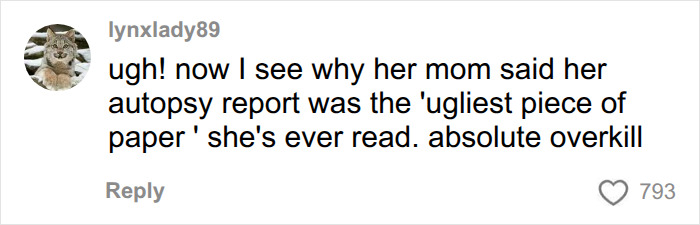 Comment on mother's reaction to disturbing autopsy report details