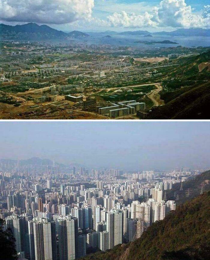 Comparison of urban sprawl before and after with massive cityscape and high-density buildings