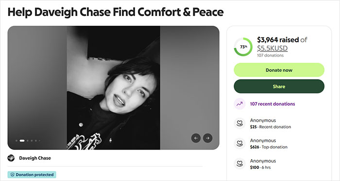 A fundraising page to help Daveigh Chase, the Lilo & Stitch actress, showing a raised amount of $3,964. A fundraising page to help Daveigh Chase, the Lilo & Stitch actress, showing a raised amount of $3,964.