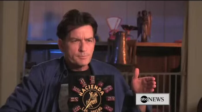 Charlie Sheen talking in an interview, with a Hacienda clock visible. This image captures Charlie Sheen's unhinged celebrity scandals.