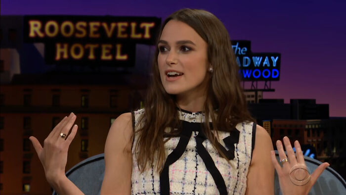 Keira Knightley, star of Pirates of the Caribbean, on a talk show discussing her acting career. Keira Knightley, star of Pirates of the Caribbean, on a talk show discussing her acting career.