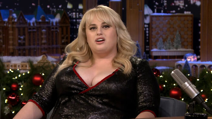 Rebel Wilson, a celebrity whose fame ran out, on a talk show set in a sequined dress.
