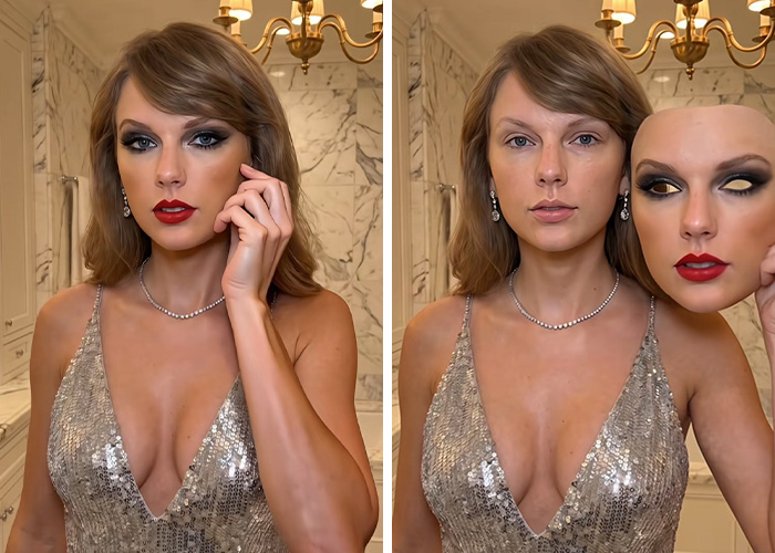 Taylor Swift with and without makeup, holding a mask, sparking debate about celebrity natural beauty.