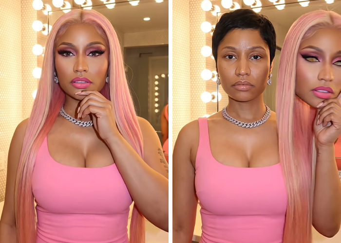 Nicki Minaj with and without makeup, holding a mask, sparking debate about celebrity natural beauty.