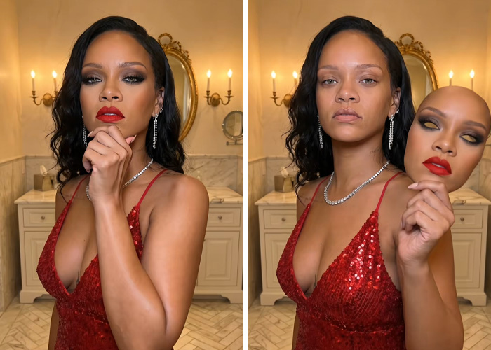 A split image showing Rihanna with a full face of makeup and wearing a red dress, next to her with no makeup holding a mask of her made-up face. This viral video sparked debate about natural beauty.