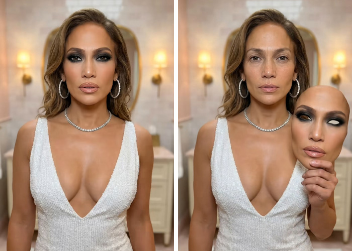 A split image showing Jennifer Lopez with a full face of makeup and wearing a white dress, next to her with no makeup holding a mask of her made-up face. This viral video sparked debate about natural beauty.