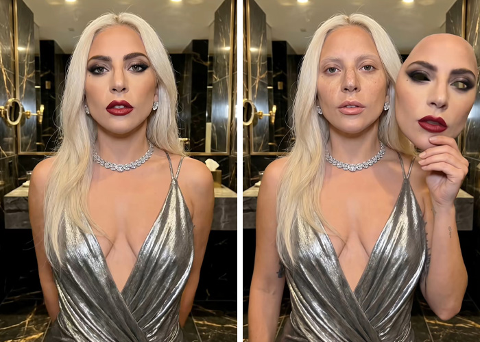 Lady Gaga with full makeup and then removing her celebrity mask, revealing her natural beauty underneath in a viral video.