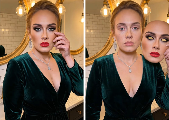 Adele with full makeup and then removing her celebrity mask, revealing her natural beauty underneath in a viral video.