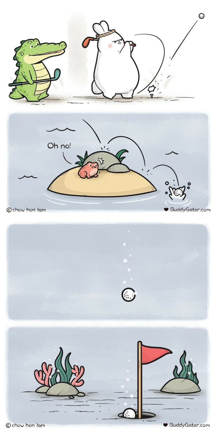 Wholesome comics: an alligator and a rabbit playing golf, with the ball landing in the water near a frog.