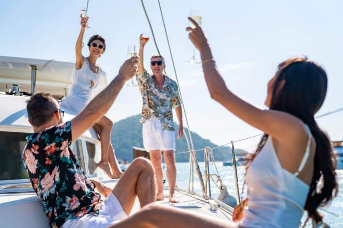 Guests toast drinks on boat during unique wedding celebration Guests toast drinks on boat during unique wedding celebration