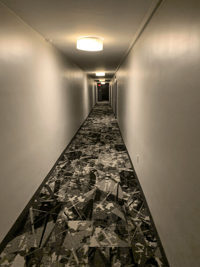Long indoor hallway with patterned carpet and ceiling lights