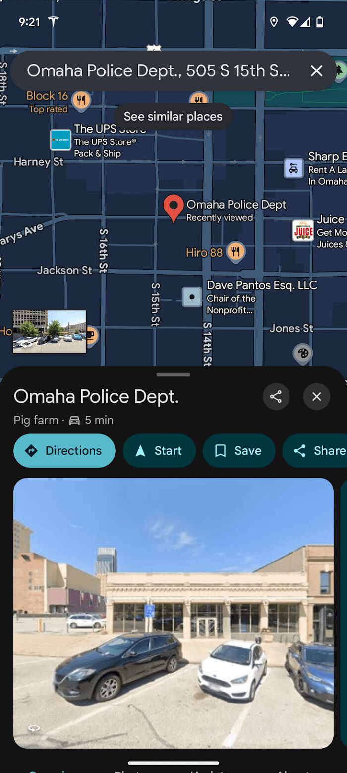 Screenshot of Omaha Police Dept location on digital map with street view photo