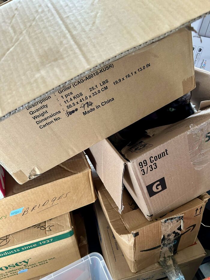 Stack of cardboard boxes with a hidden black cat peeking out