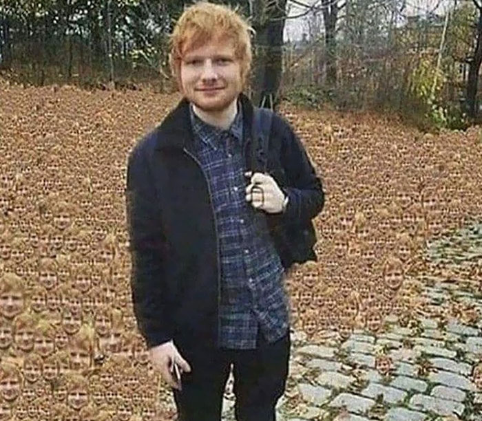 A man with red hair and a beard standing in a park with many small faces on the ground. When You See It, the faces are multiplied.