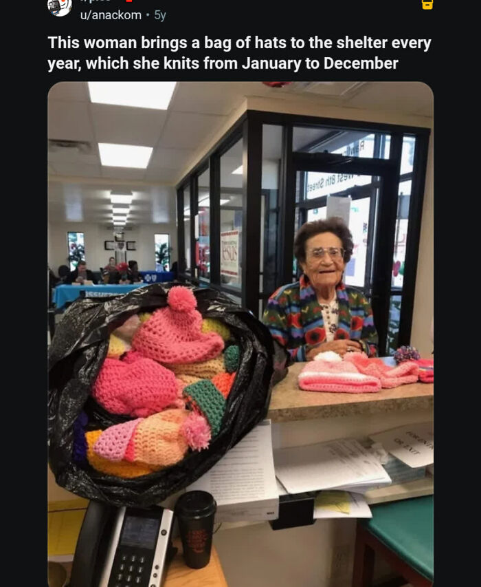 Woman donating handknit hats to shelter every year from January to December