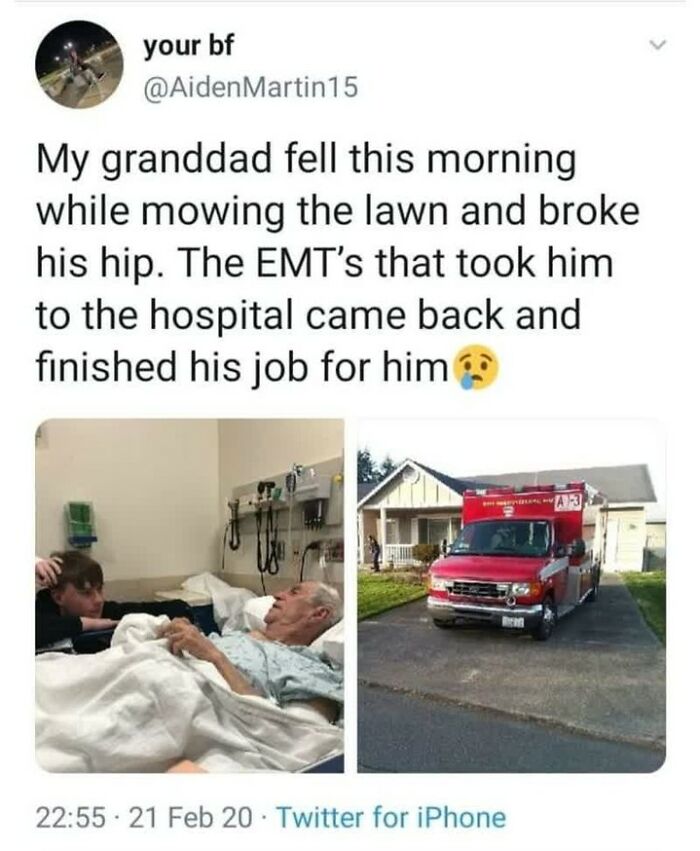EMTs finish mowing lawn after granddad's fall on Wholesome Internet page