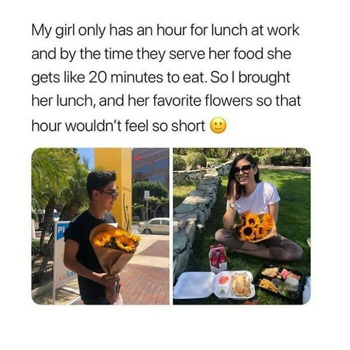Bringing lunch and favorite flowers to make lunch hour special on Wholesome Internet page