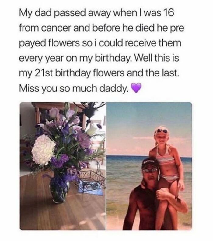 Heartfelt birthday flowers from late dad who pre-paid for annual delivery