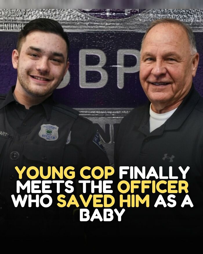 Young cop meets officer who saved him as a baby, both smiling