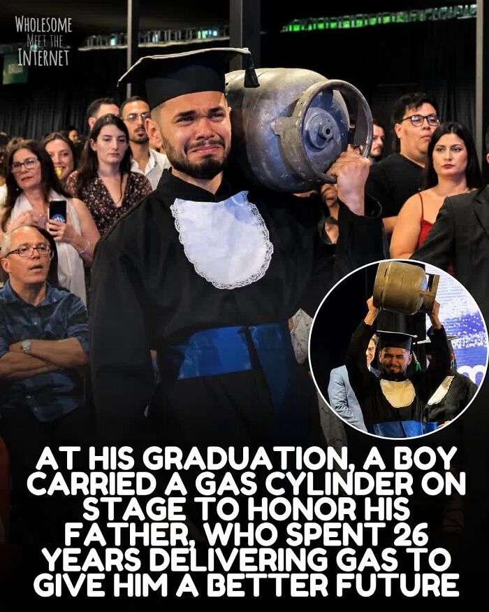 Graduation tribute with boy carrying gas cylinder honoring father