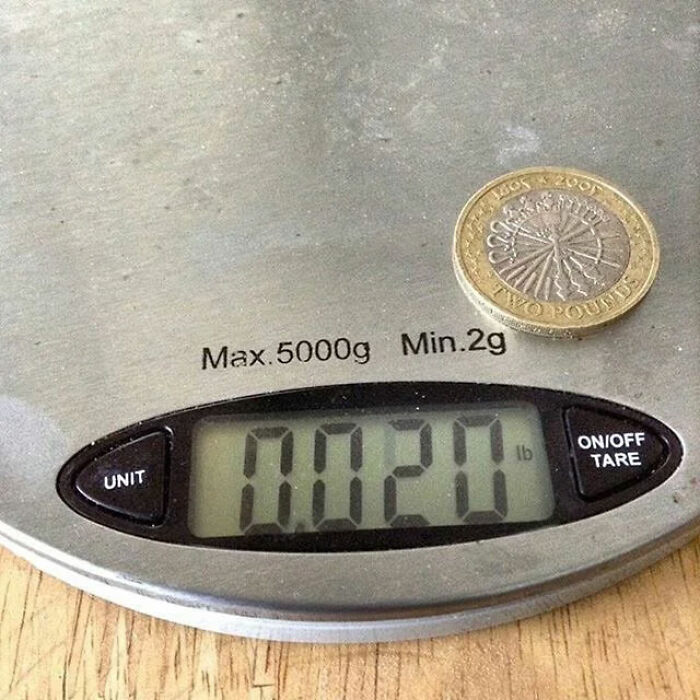 Digital kitchen scale showing weight near coin for scientific questions