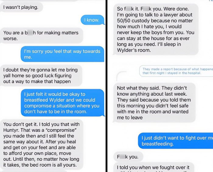 Text messages with hostile divorce threats due to wife's breastfeeding Text messages with hostile divorce threats due to wife's breastfeeding