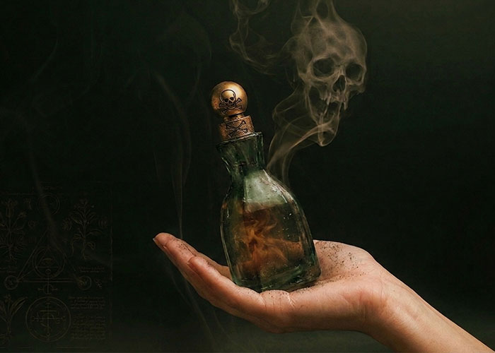 Hand holding poison bottle with skull shaped smoke symbolizing dangerous marriage fix Hand holding poison bottle with skull shaped smoke symbolizing dangerous marriage fix
