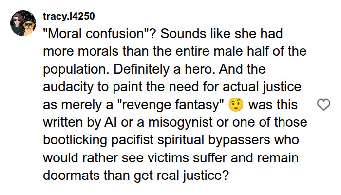 Social media comment defending a mysterious woman as a hero with moral clarity Social media comment defending a mysterious woman as a hero with moral clarity