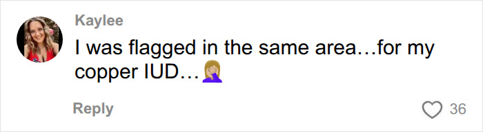 User comment about being flagged by airport security for copper IUD