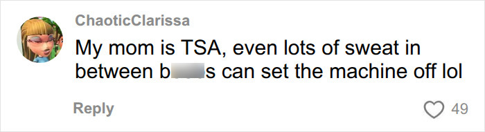 Comment mentioning TSA and airport security scanner sensitivity to sweat