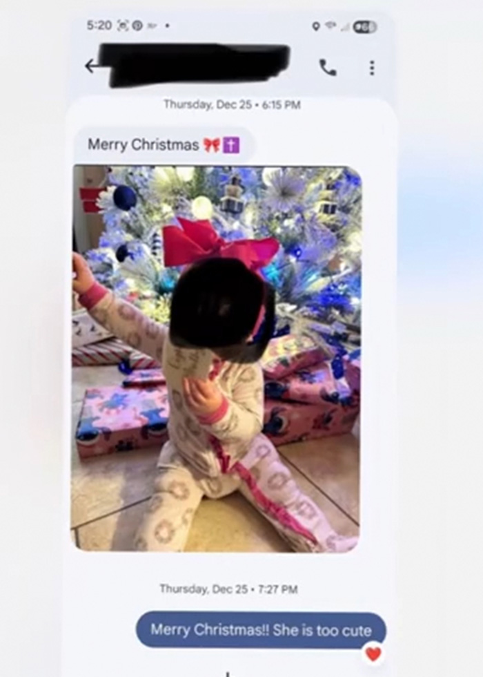 Messages that changed everything: a Merry Christmas text with a photo of the digitally kidnapped daughter by a Christmas tree.