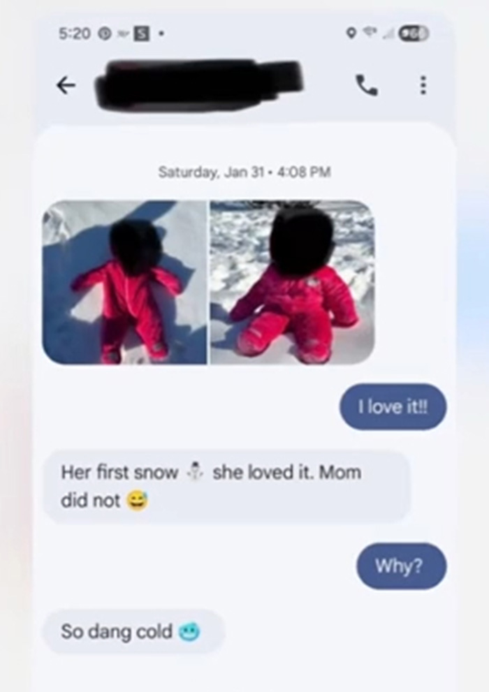 Screenshot of messages showing images of a child in snow, part of the revelation about the best friend and daughter.