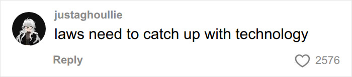 Screenshot of a comment from justaghoullie stating laws need to catch up with technology, regarding a digitally kidnapped daughter.
