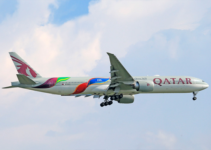 A Qatar Airways plane, possibly used by the World Cup Boss, symbolizing the travel hypocrisy and soccer scandal. A Qatar Airways plane, possibly used by the World Cup Boss, symbolizing the travel hypocrisy and soccer scandal.