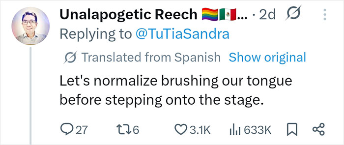 Tweet about normalizing tongue brushing before stage performances