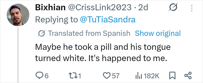 Tweet discussing white tongue after taking a pill related to World Cup opening ceremony backlash