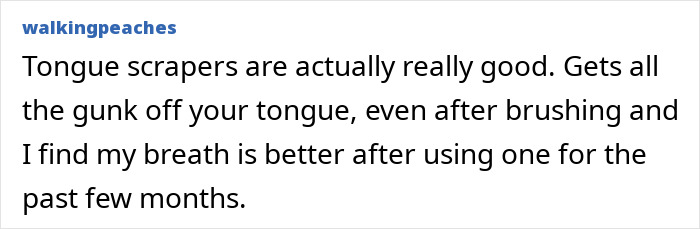 Text about tongue scrapers improving breath and cleaning tongue