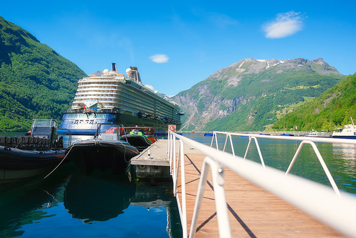 Cruise ship docked in scenic mountain port during employee trip