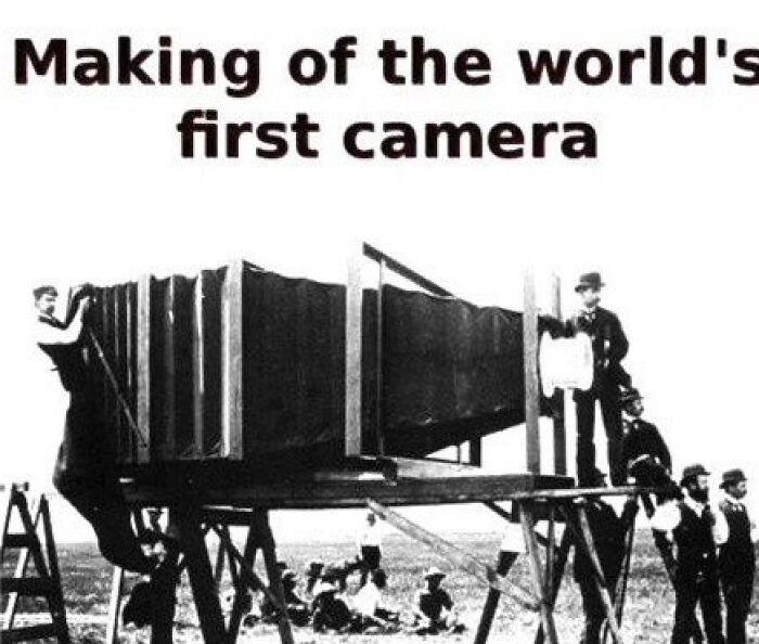 Black and white photo showing the making of the world's first camera
