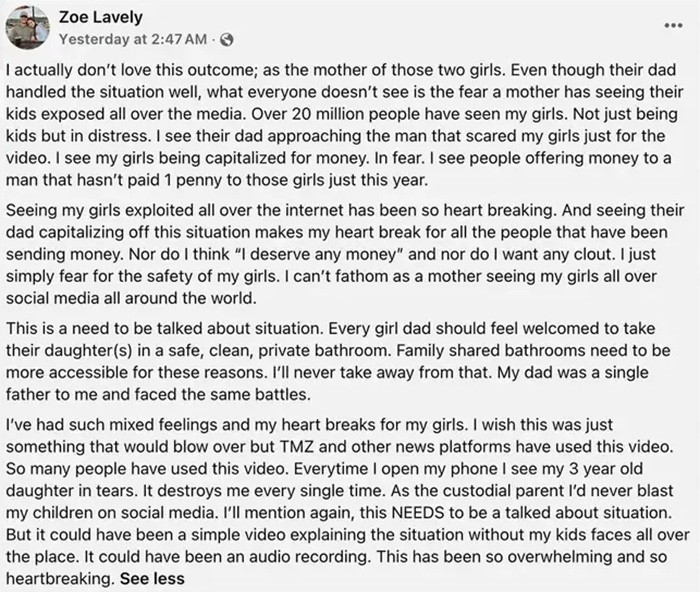 A post from the Mom of girls, breaking her silence about the viral restroom video incident with the 'Male Karen'. A post from the Mom of girls, breaking her silence about the viral restroom video incident with the 'Male Karen'.