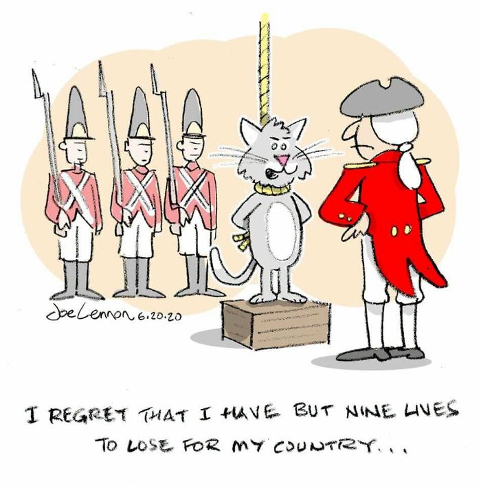 A cat about to be hanged by British soldiers from awkward comics by Joe Lennon.