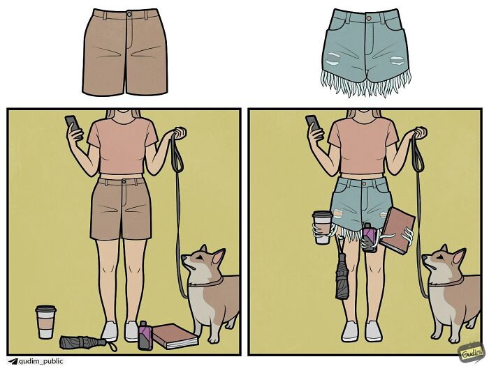 Anton Gudim's hilariously absurd comics showcasing a woman with a dog, illustrating today's society.