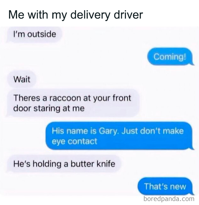 A relatable meme of a text conversation where a delivery driver encounters a raccoon named Gary with a butter knife.