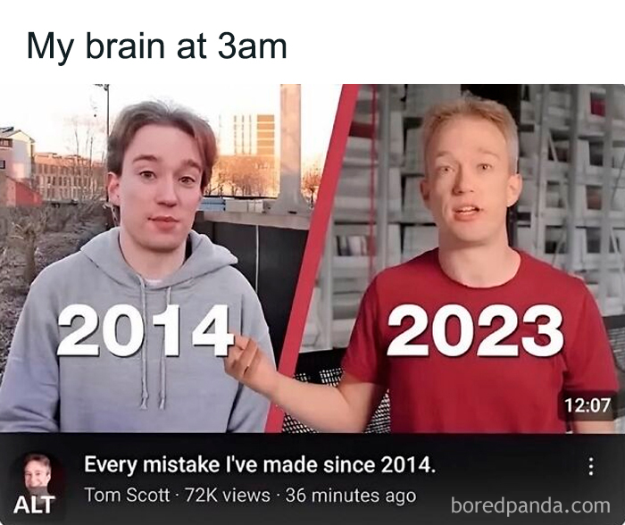 Respectful memes featuring a YouTube thumbnail comparing a person in 2014 and 2023, for morale boost.